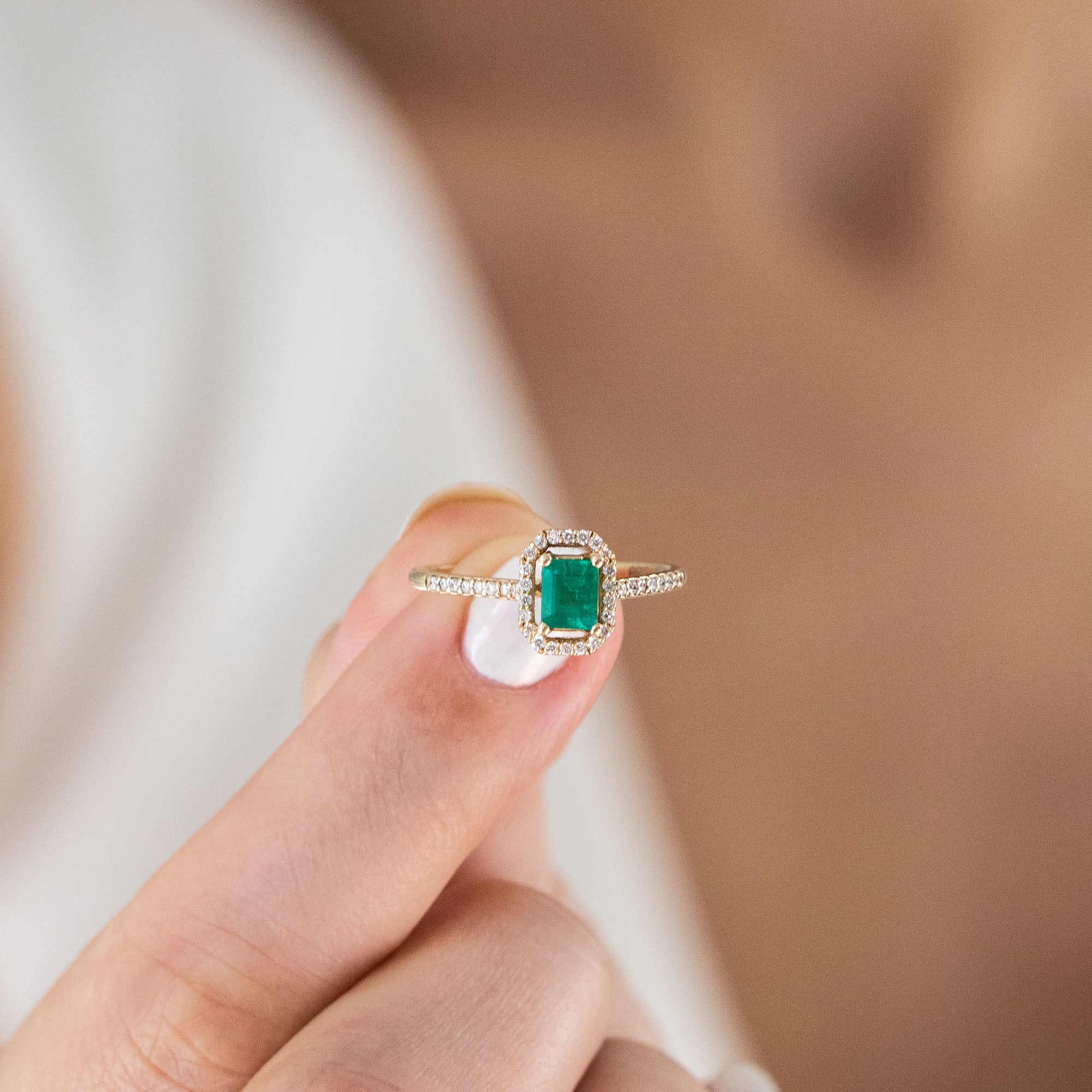 14K Yellow Gold Round and Emerald Cut Emerald Diamond Engagement Ring