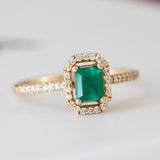 14K Yellow Gold Round and Emerald Cut Emerald Diamond Engagement Ring
