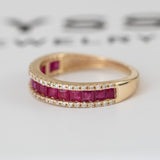 14K Yellow Gold Round and Baguette Cut Ruby Diamond Wedding Band