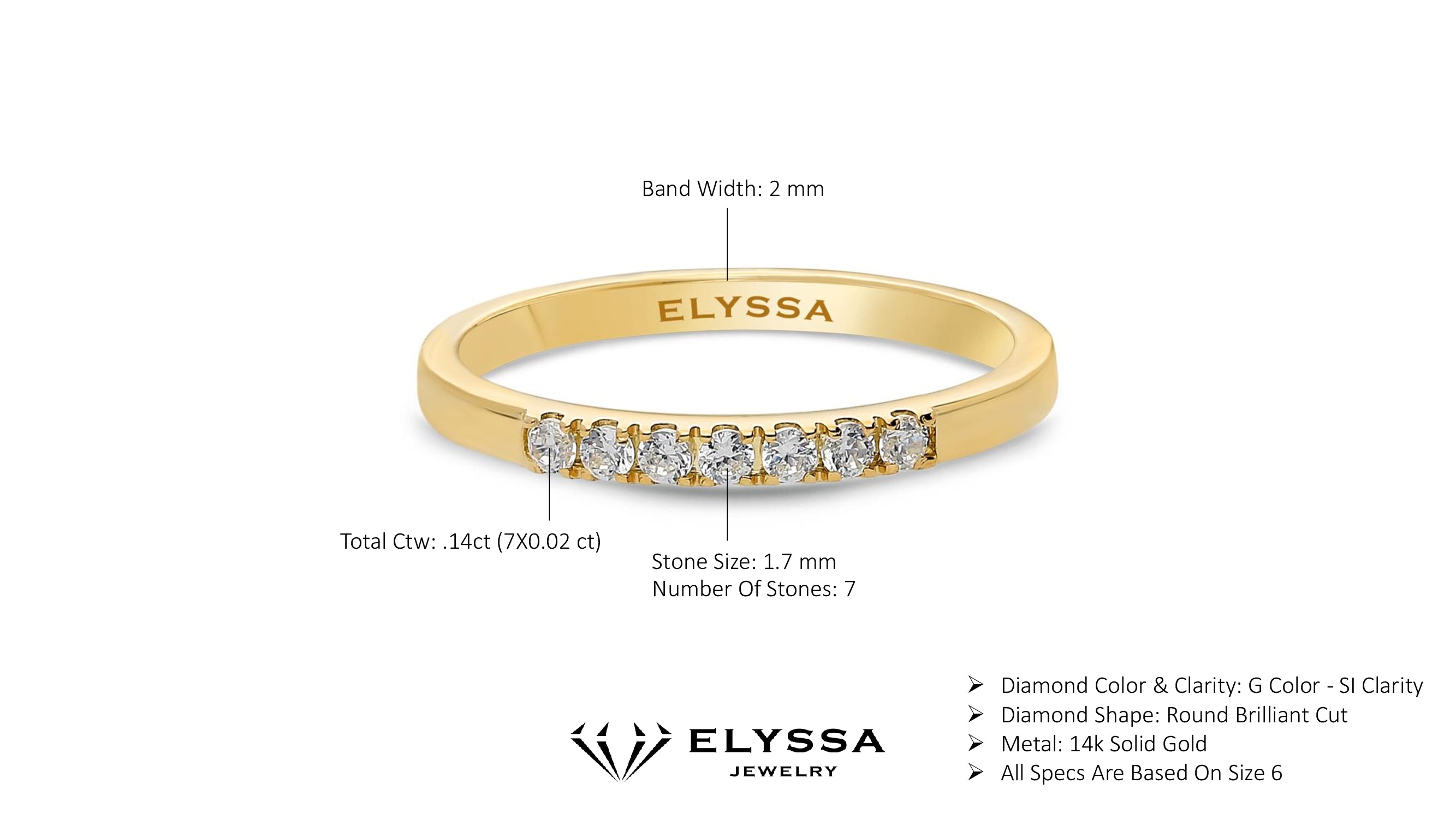 14K Gold 2mm 7 stone Diamond Wedding Band guide