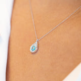 14K White Diamond Evil Eye Necklace