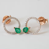 14K Rose Gold Open Circle Pear Cut Emerald Diamond Earring