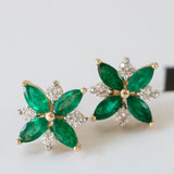 14K Yellow Gold Round Cut Diamond and Marquise Cut Emerald Flower Earring