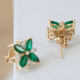 14K Yellow Gold Round Cut Diamond and Marquise Cut Emerald Flower Earring