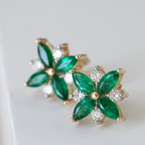 14K Yellow Gold Round Cut Diamond and Marquise Cut Emerald Flower Earring