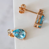 14K Rose Gold Round Diamond and Pear Cut Blue Topaz Earring