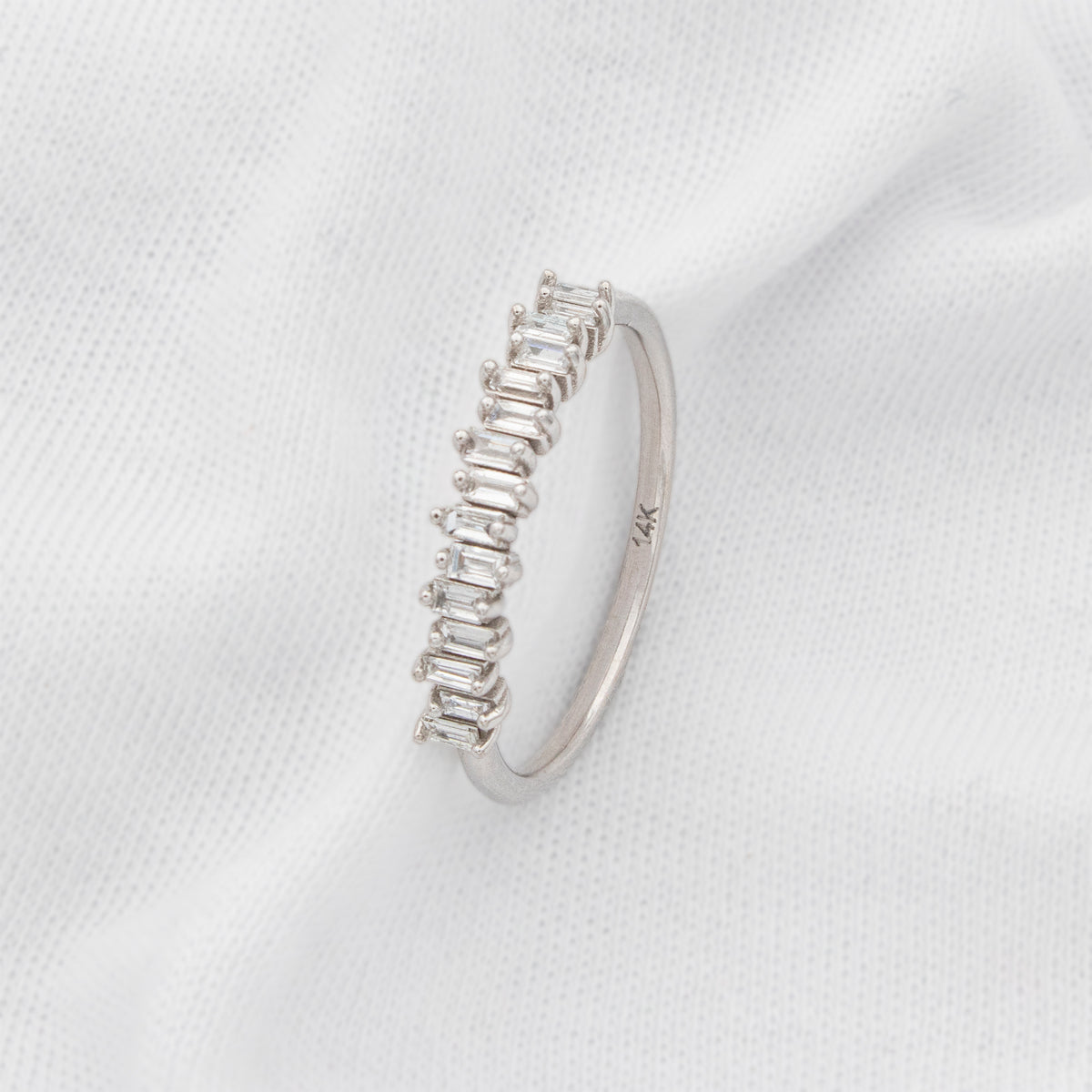 14K Gold Half Eternity Zigzag Baguette Diamond Wedding Band – view 2 | Elyssa Jewelry