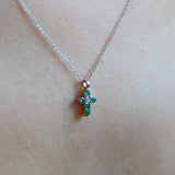 14K White Gold Emerald and Round Diamond Cross Necklace