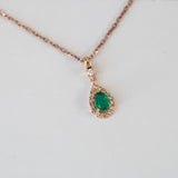14K Rose Gold Pear Cut Emerald and Round Diamond Necklace
