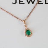 14K Rose Gold Pear Cut Emerald and Round Diamond Necklace