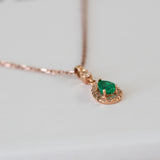 14K Rose Gold Pear Cut Emerald and Round Diamond Necklace