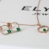 14K Rose Gold Pear Cut Emerald and Round Diamond Open Circle Necklace