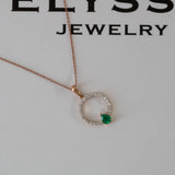 14K Rose Gold Pear Cut Emerald and Round Diamond Open Circle Necklace