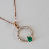 14K Rose Gold Pear Cut Emerald and Round Diamond Open Circle Necklace