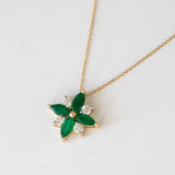 14K Yellow Gold Round Cut Diamond and Marquise Cut Emerald Flower Necklace