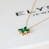 14K Yellow Gold Round Cut Diamond and Marquise Cut Emerald Flower Necklace