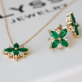 14K Yellow Gold Round Cut Diamond and Marquise Cut Emerald Flower Necklace