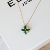 14K Yellow Gold Round Cut Diamond and Marquise Cut Emerald Flower Necklace