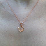 18K Rose Gold Round Cut Diamond Cat Design Necklace