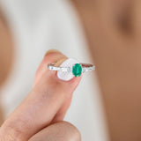 14K White Gold Baguette and Oval Cut Emerald Diamond Engagement Ring