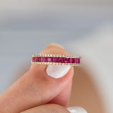 14K Yellow Gold Round and Baguette Cut Ruby Diamond Wedding Band
