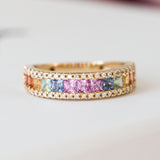 14K Yellow Gold Round and Baguette Cut Multi Sapphire Wedding Band