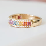 14K Yellow Gold Round and Baguette Cut Multi Sapphire Wedding Band