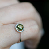 14K White Gold Round Diamond and Peridot Ring