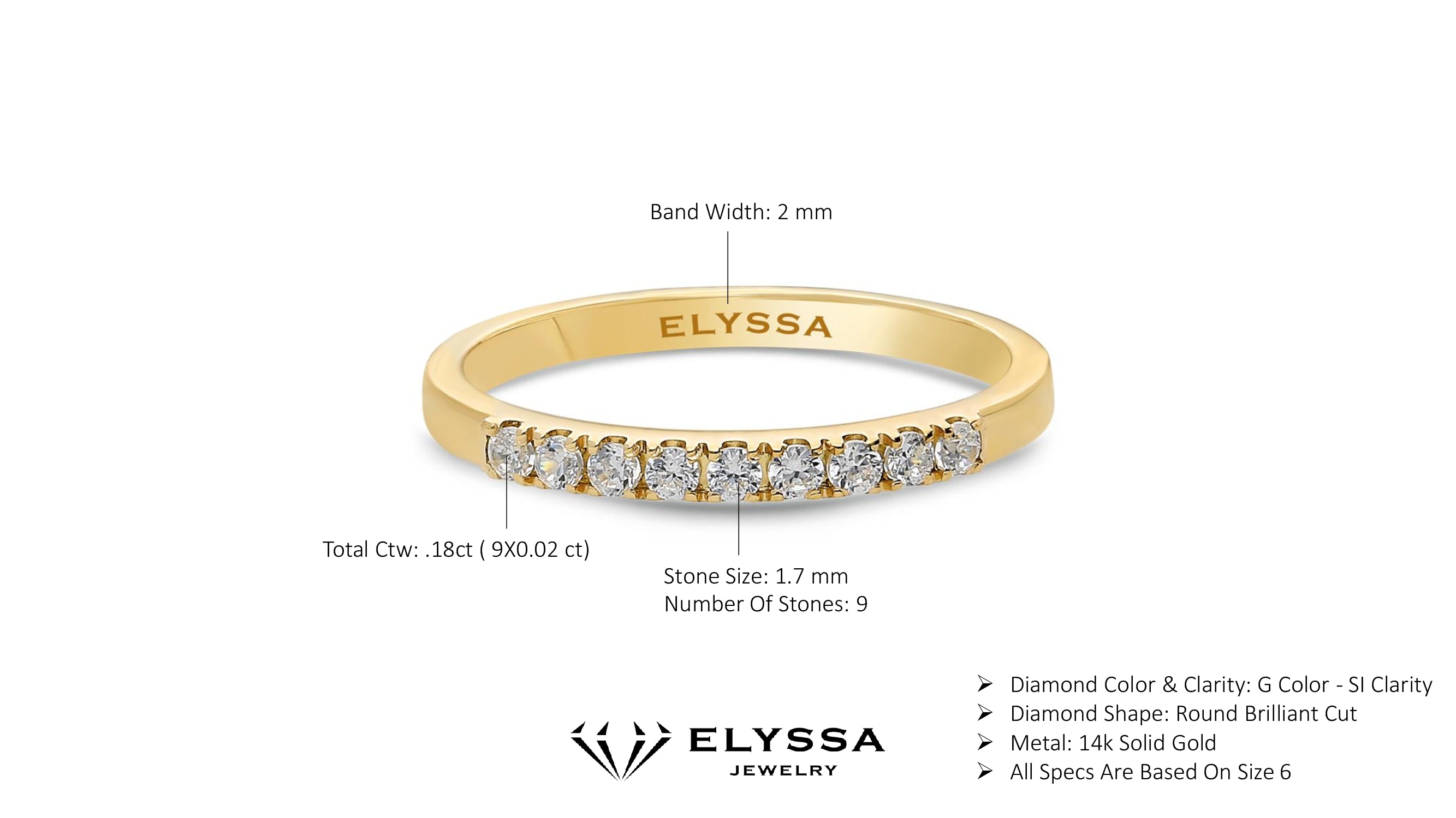 14K Gold 2mm 9 stone Diamond Wedding Band 15ct