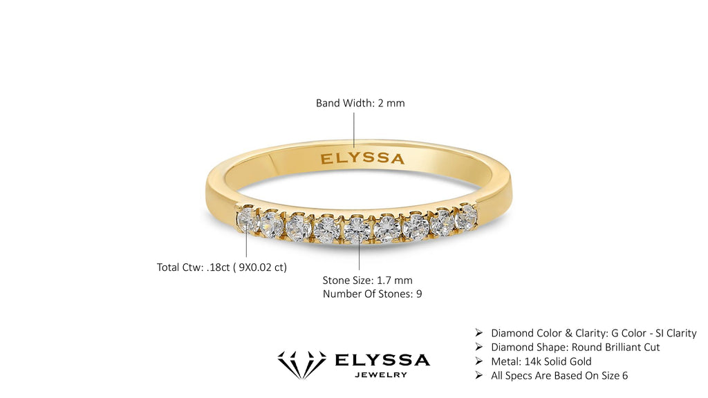 14K Gold 2mm 9 stone Diamond Wedding Band 15ct