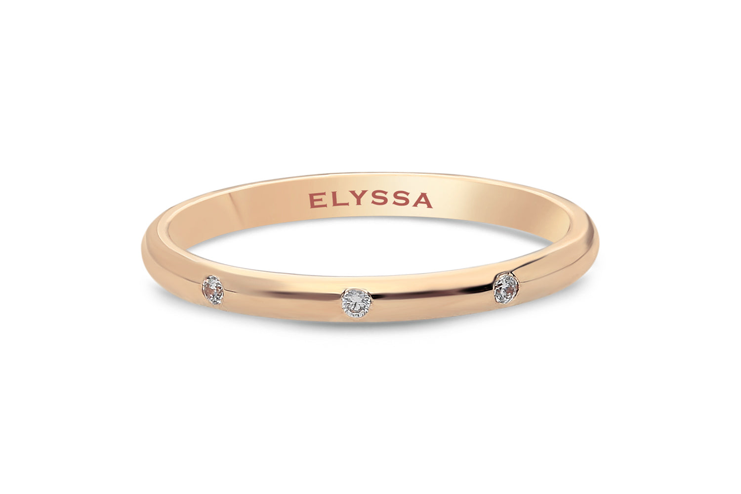 14K Gold 2mm Three Stone Burnish Set Diamond Wedding Band rose gold