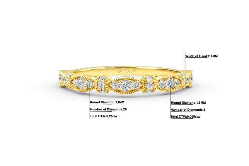 14K Gold Half Eternity Miligrain Diamond Wedding Band
