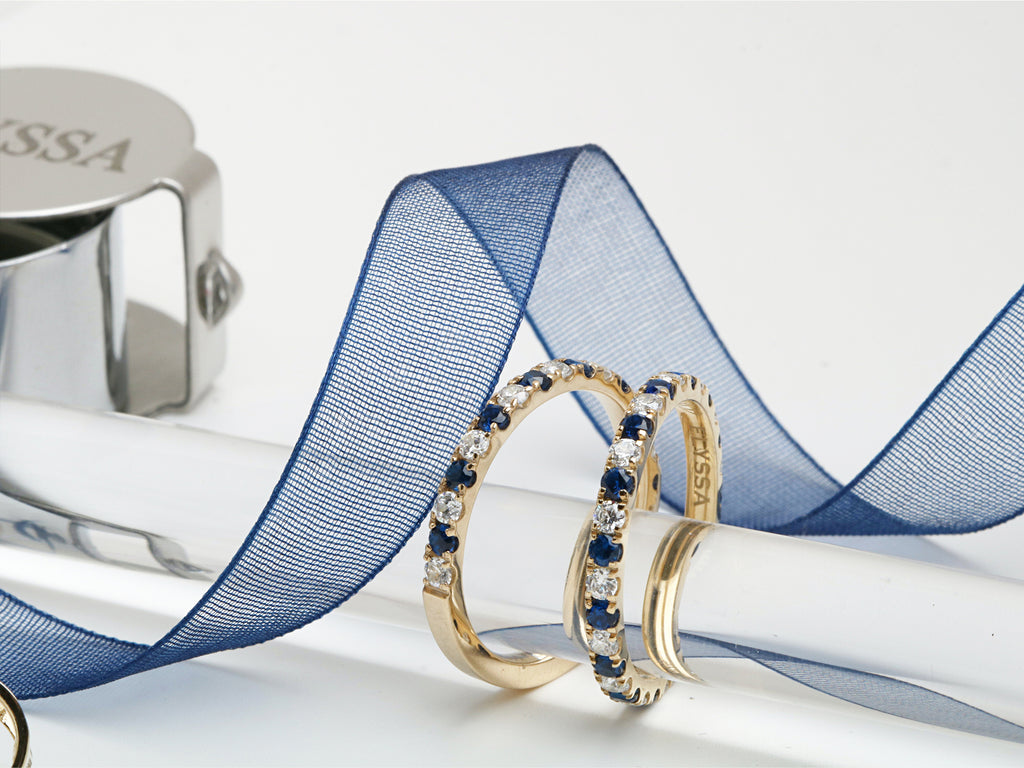 14K Gold 2.2mm Half way Ulternating Diamond and Sapphire Wedding Band