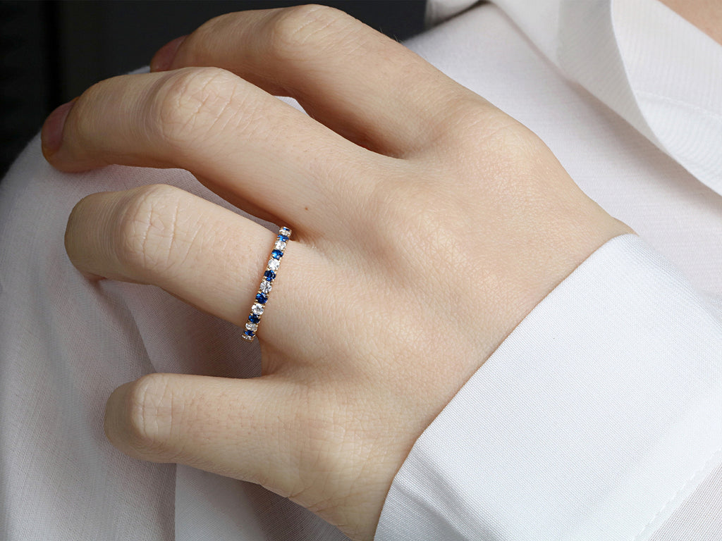 14K Gold 2.2mm Half way Ulternating Diamond and Sapphire Wedding Band