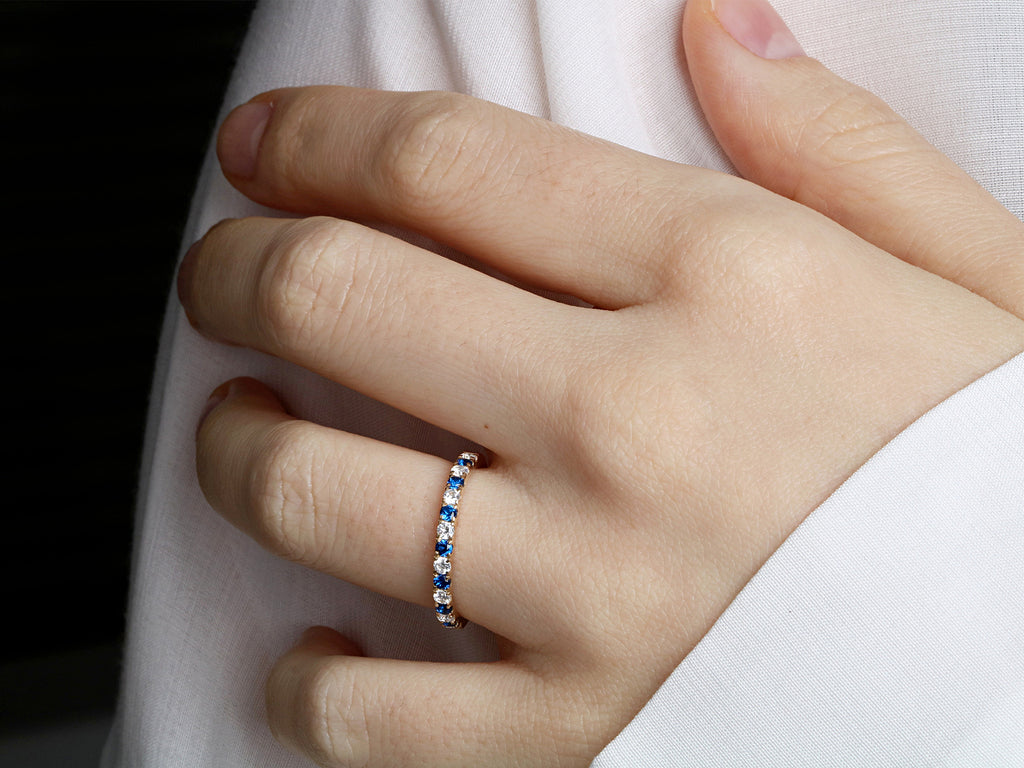14K Gold 2.2mm Half way Ulternating Diamond and Sapphire Wedding Band