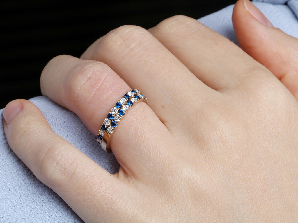 14K Gold 2.2mm Half way Ulternating Diamond and Sapphire Wedding Band