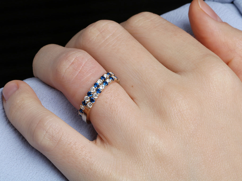 14K Gold 2.2mm Half way Ulternating Diamond and Sapphire Wedding Band