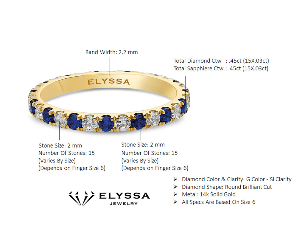 14K Gold 2.2mm All Around Ulternating Diamond and Sapphire Wedding Band