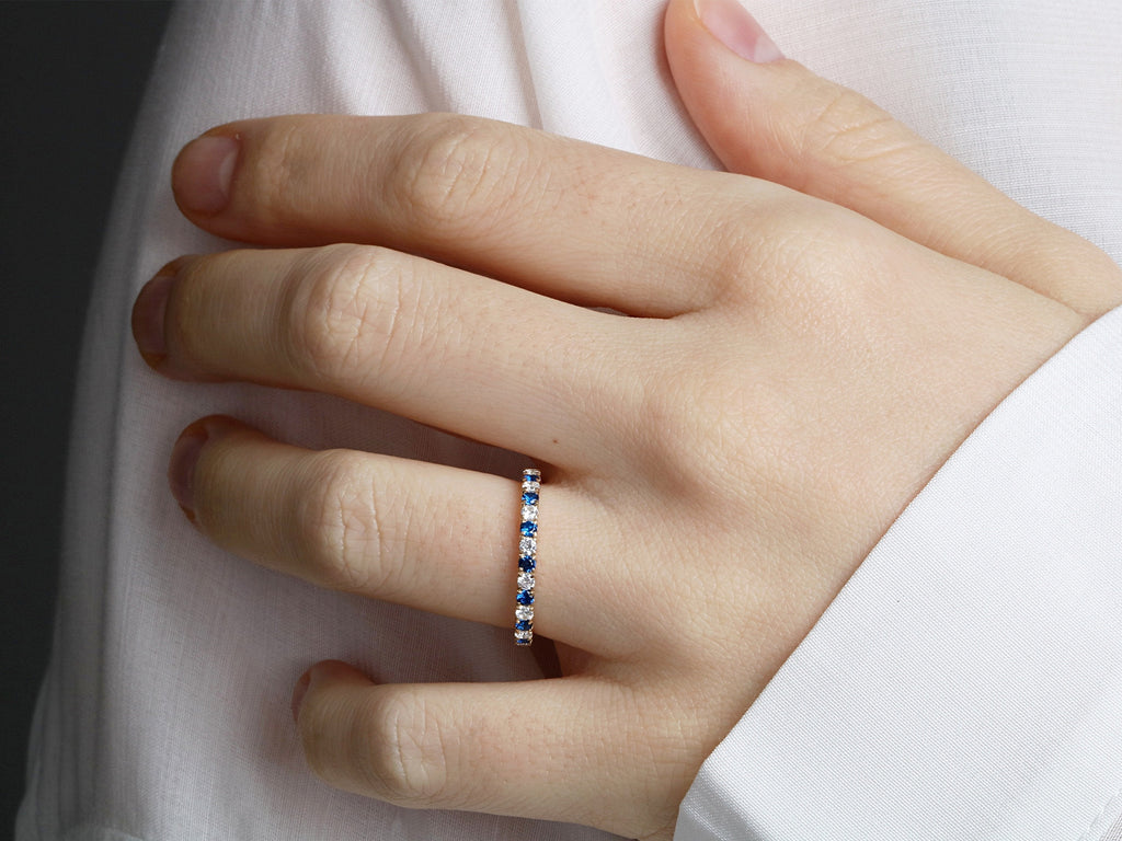 14K Gold 2.2mm All Around Ulternating Diamond and Sapphire Wedding Band