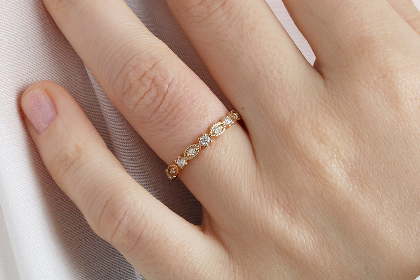 14K Gold Round and Marquise Design Diamond Wedding Band