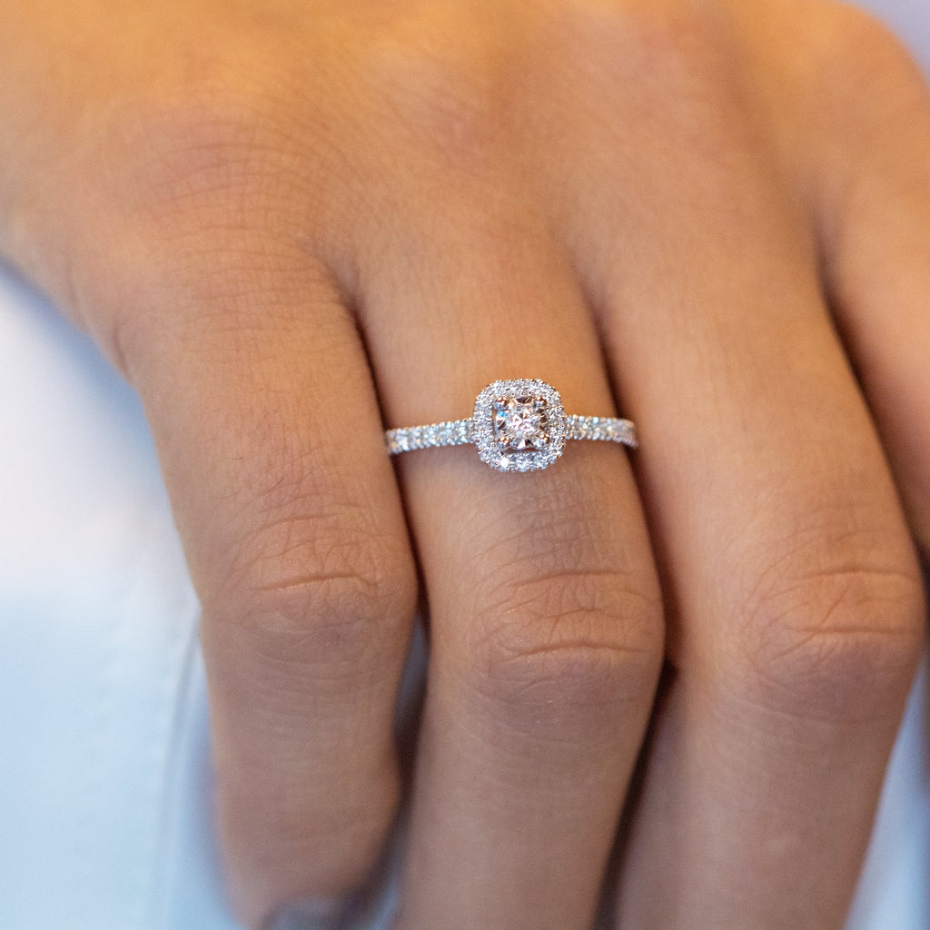 14K Halo Diamond Ring, Micropave Round Diamond Engagement Ring