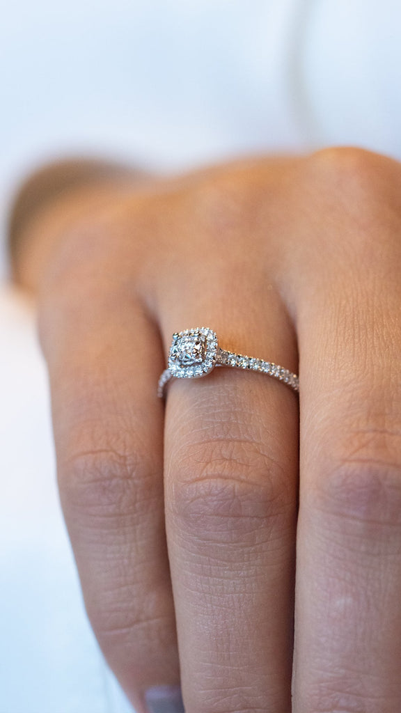 14K Halo Diamond Ring, Micropave Round Diamond Engagement Ring