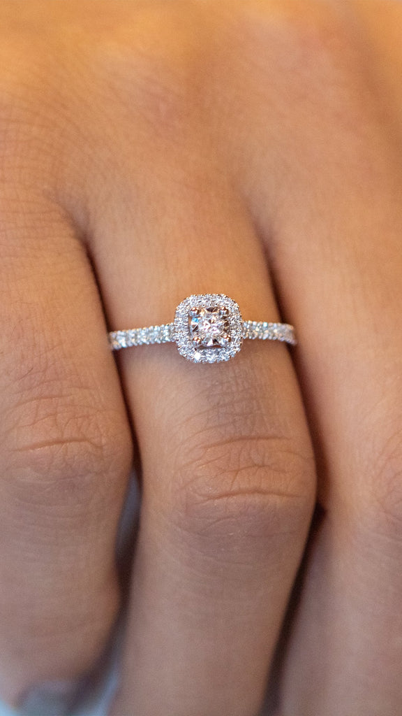 14K Halo Diamond Ring, Micropave Round Diamond Engagement Ring