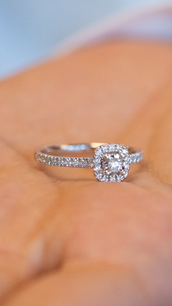 14K Halo Diamond Ring, Micropave Round Diamond Engagement Ring