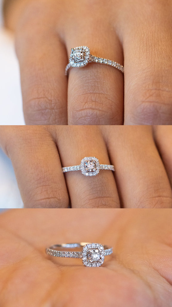 14K Halo Diamond Ring, Micropave Round Diamond Engagement Ring
