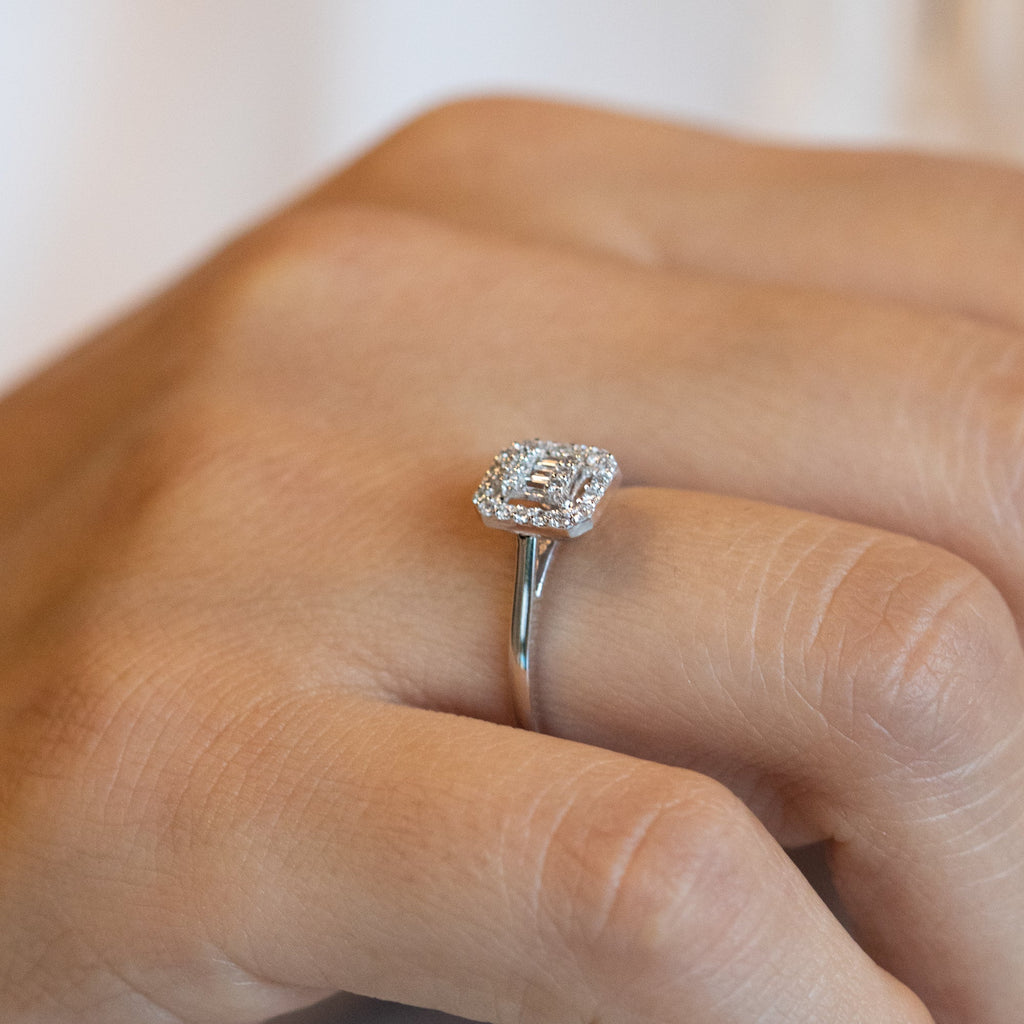 8K White Gold Baguette and Round Diamond Engagement Ring
