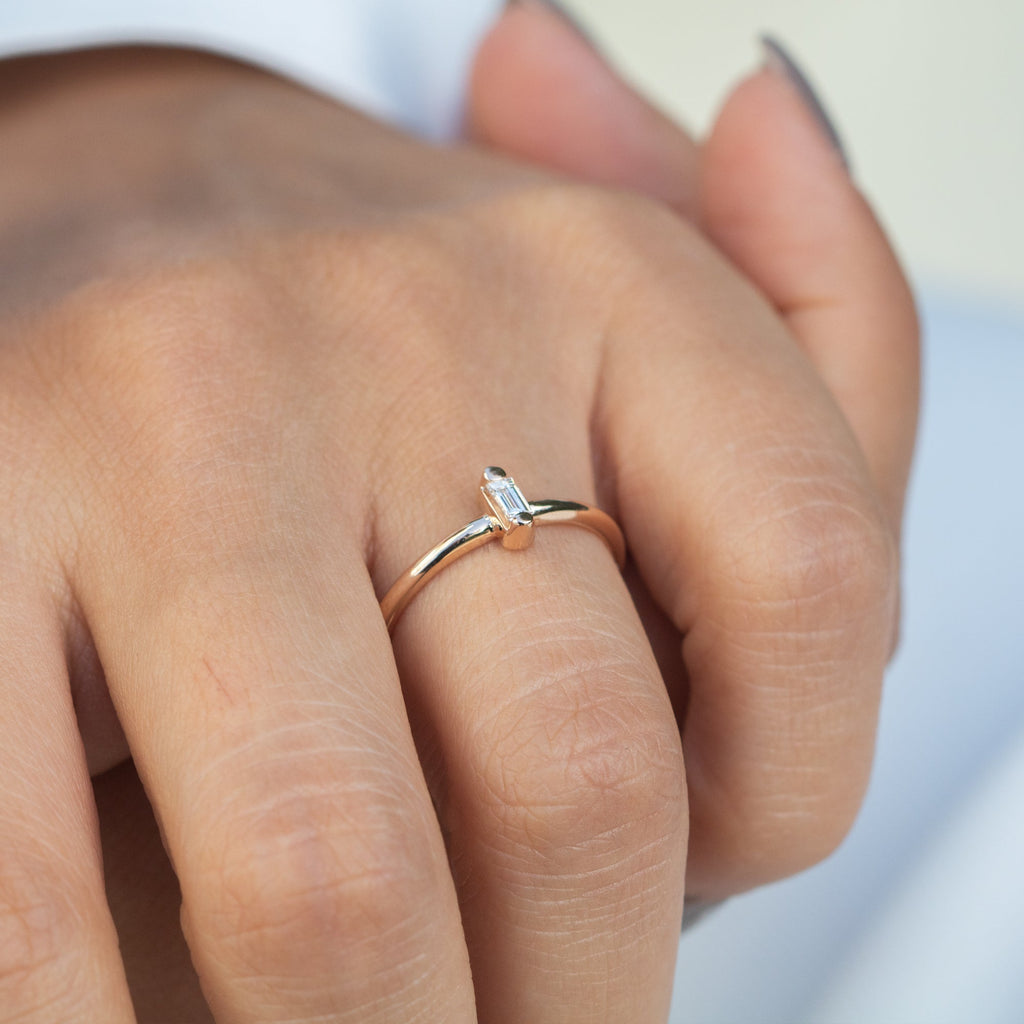 14K Rose Gold Solitaire Diamond Baguette Ring