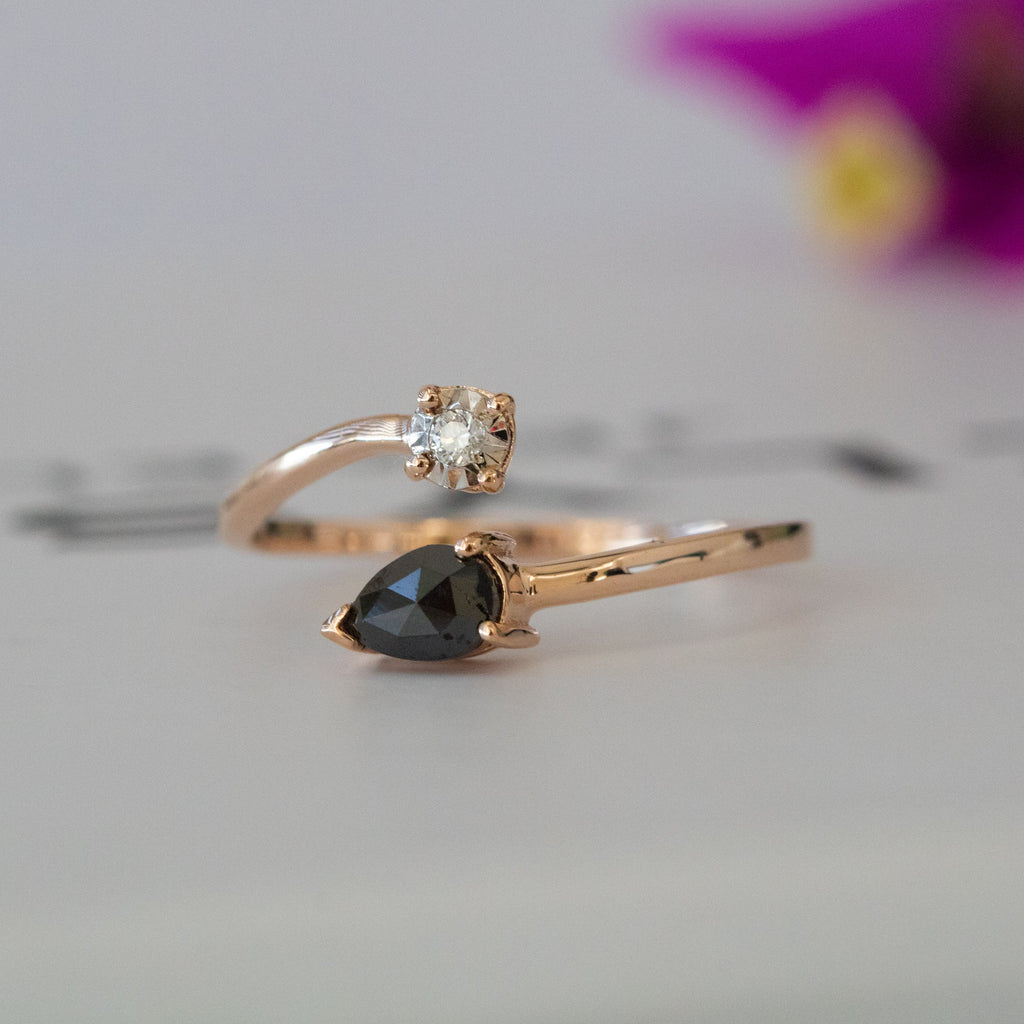 14K Gold Pear Black Diamond and Round Diamond Ring