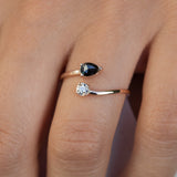 14K Gold Pear Black Diamond and Round Diamond Ring