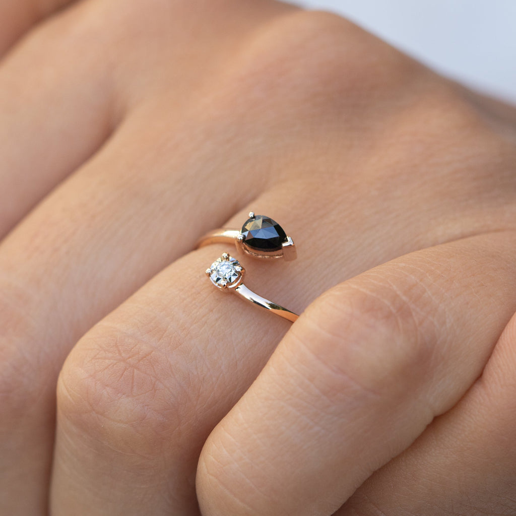 14K Gold Pear Black Diamond and Round Diamond Ring